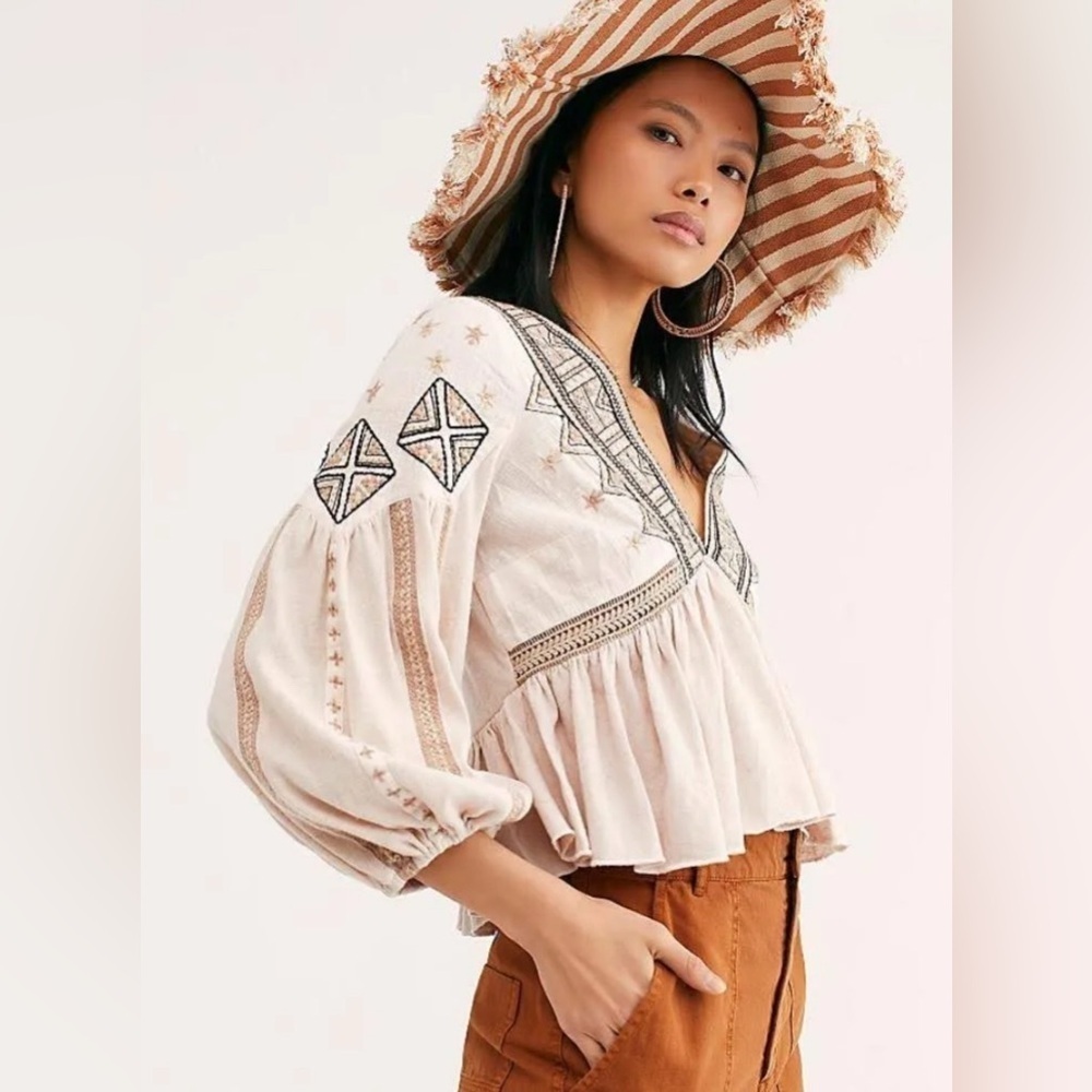 Free People Aria Embroidered Top In Natural Combo XS